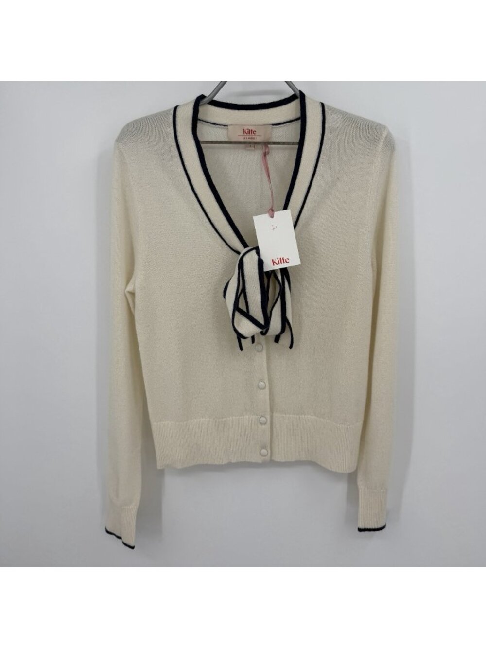 Kilte Collection Ivory 100% Washable Cashmere Saylor Bow Cardigan Sweater 1 S